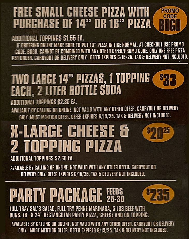 A menu for a restaurant that says free small cheese pizza with purchase of 14 or 16 pizza