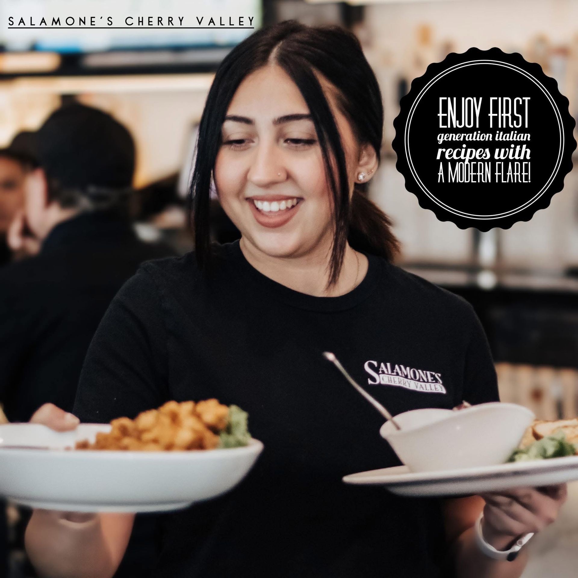 A woman wearing a black shirt holding two dishes