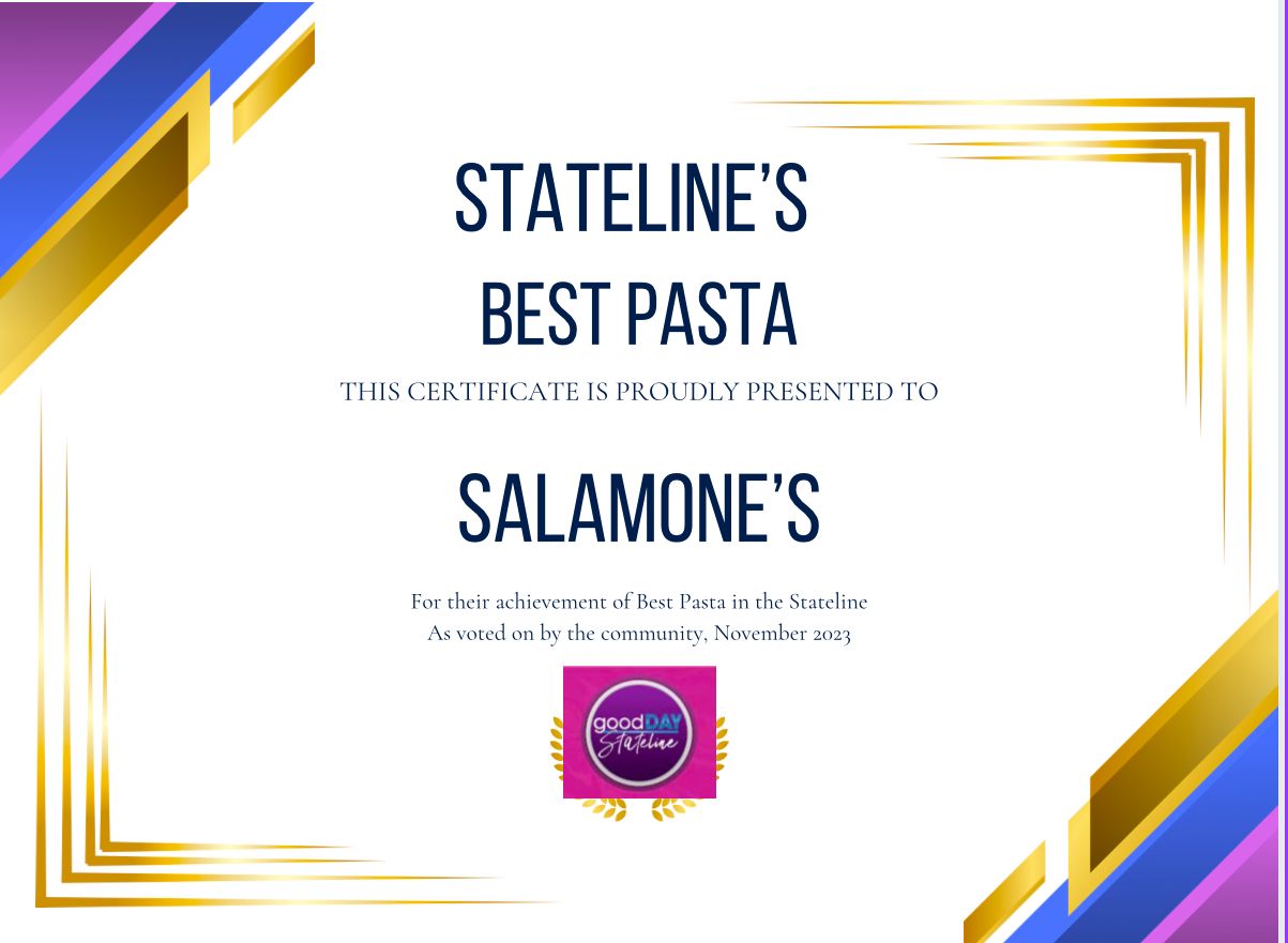 A certificate that says stateline 's best pasta