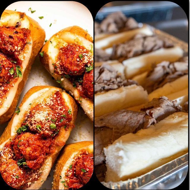 A bunch of meatballs on a bun next to a bunch of roast beef on a bun