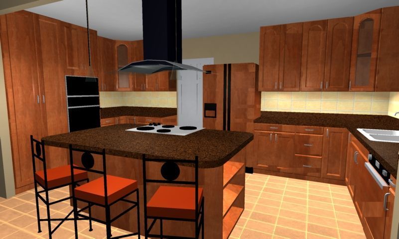 Modern kitchen with wood cabinets, black countertops, orange tile floor, and a central island with stools
