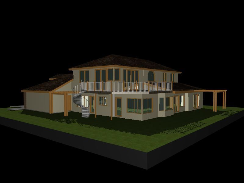 3D rendering of a two-story modern house with balcony, driveway, and landscaped yard at night