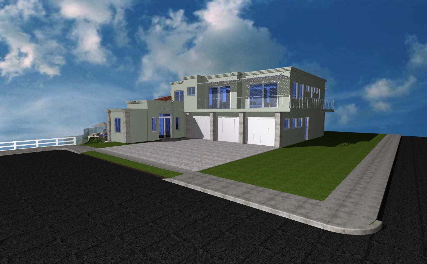Modern two-story house with garage, gray siding, on a corner lot under a blue sky