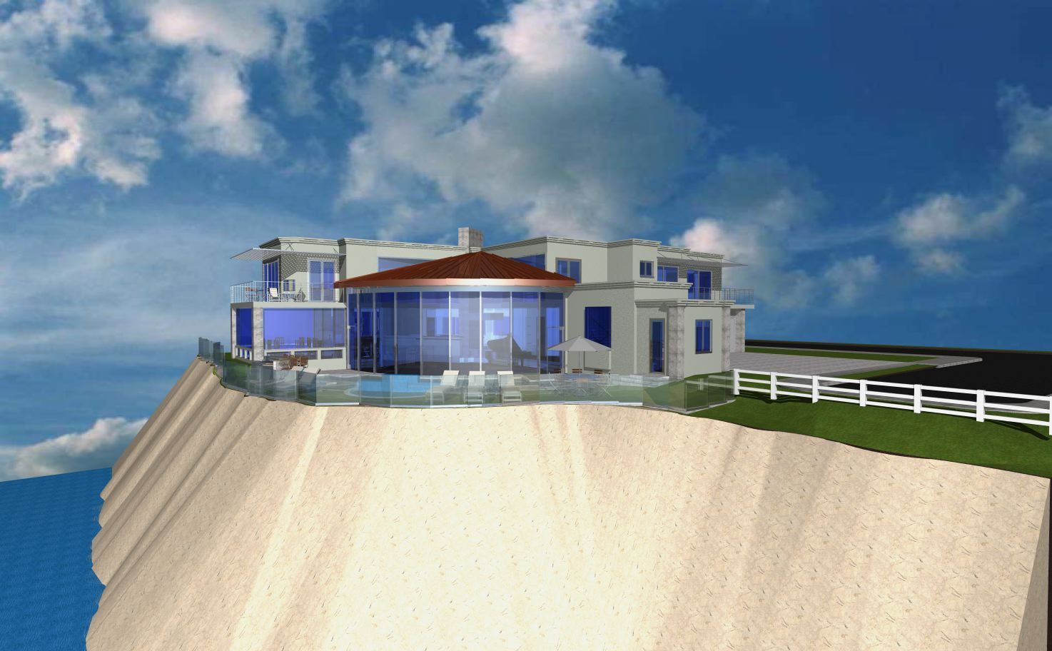 Modern white house on a sandy cliff under a blue sky, with a white fence and ocean view