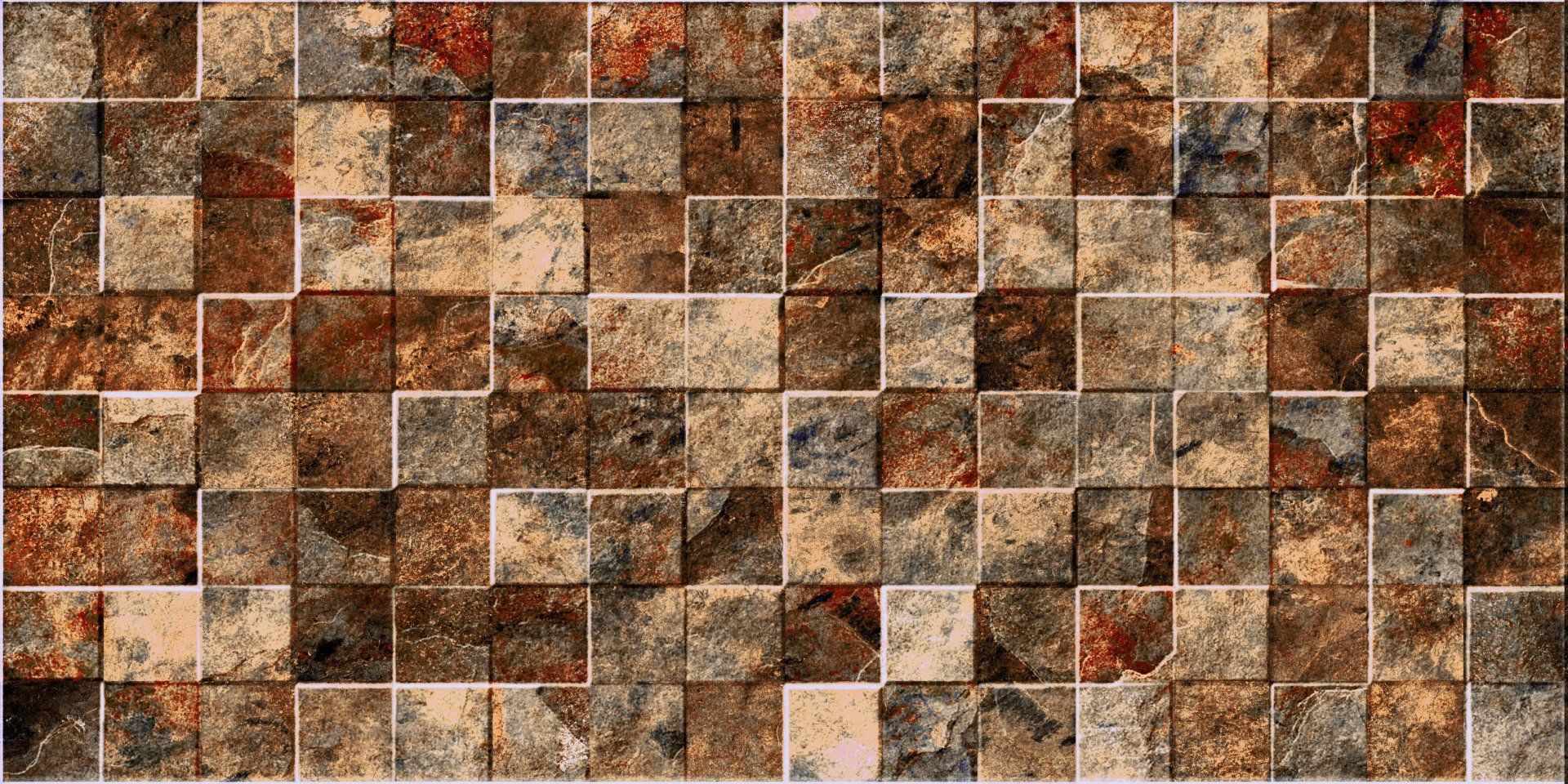 Tiled wall mosaic, squares of brown, tan, and rust colored stone.
