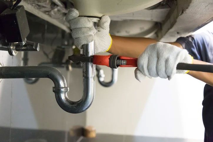 Plumber in white gloves using a wrench under a sink, working on the curved drainpipe.