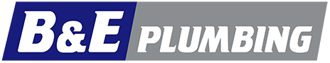 Logo: B&E Plumbing in white letters on a blue rectangle and gray background.