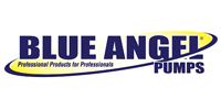 Logo for Blue Angel Pumps, dark blue text, yellow oval, with tagline