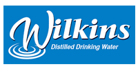 Wilkins water logo on blue background with water ripple graphic.