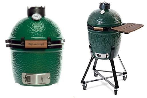 Green ceramic kamado grill with stand and side shelf, shown closed and open views
