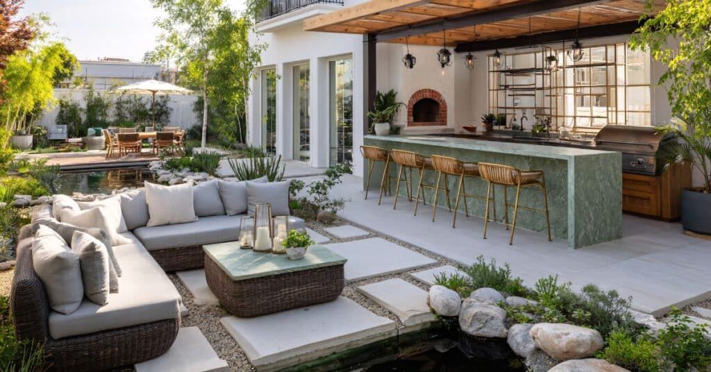 Modern patio with gray seating, stone fire pit, and a covered outdoor kitchen/bar in a landscaped backyard