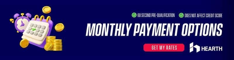Monthly payment options banner with calculator, coins, and green/red call-to-action buttons on a purple background