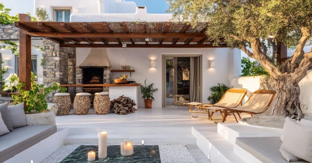 White patio with pergola, outdoor kitchen, lounge chairs, and a tree beside a modern house.
