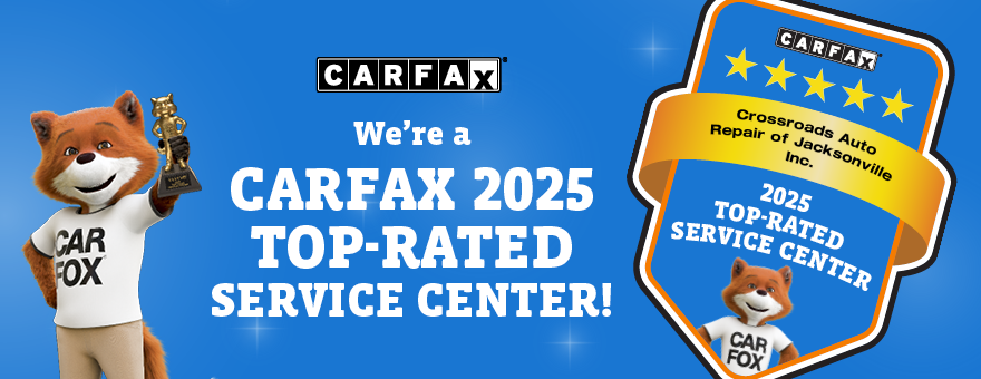 CARFAX mascot holding a trophy next to text announcing a 2025 Top-Rated Service Center award on a blue background.