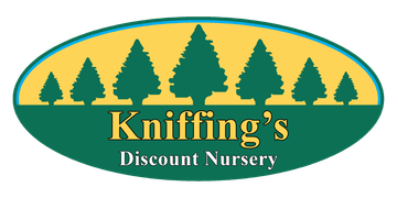 Logo for Kniffing's Discount Nursery: a green oval with yellow interior. Trees in green. Text: Kniffing's, Discount Nursery in gold.
