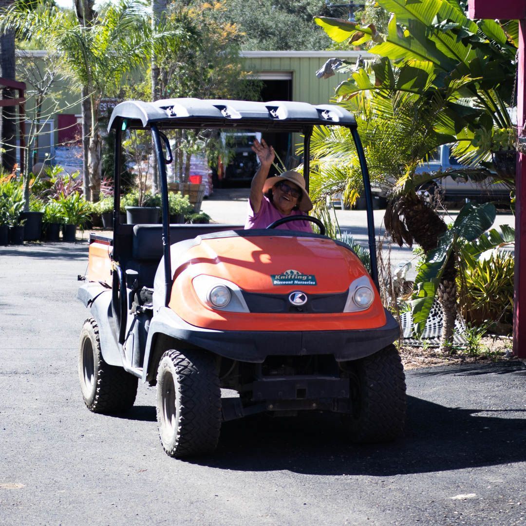 Person waving from an orange Kubota utility vehicle in a garden center.