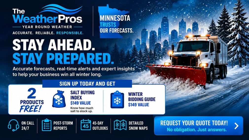 Weather Pros winter prep ad with plow truck, snowy blue cityscape, and Stay Ahead. Stay Prepared.