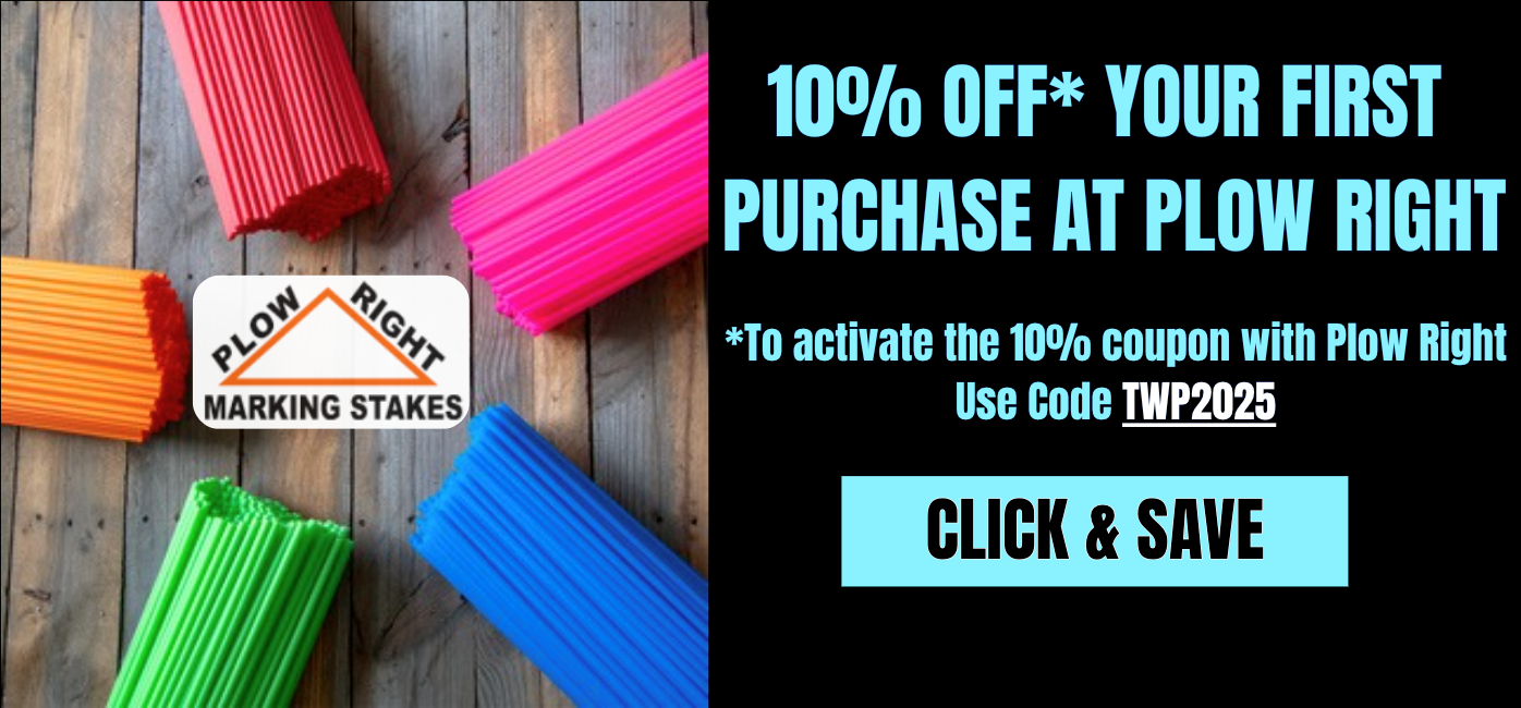 Plow Right marking stakes with 10% off first purchase; uses code TWP2025; colorful stake display.