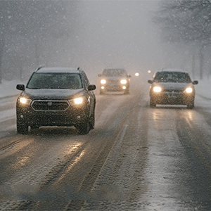 Cars driving on a snowy road, visibility reduced by falling snow and mist.