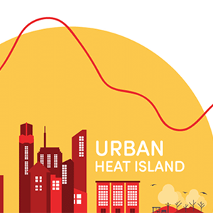 Graphic showing a city skyline in front of a yellow sun, with text 