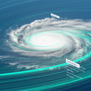 A top-down view of a Category 1 hurricane swirling in the ocean, with blue and white colors.