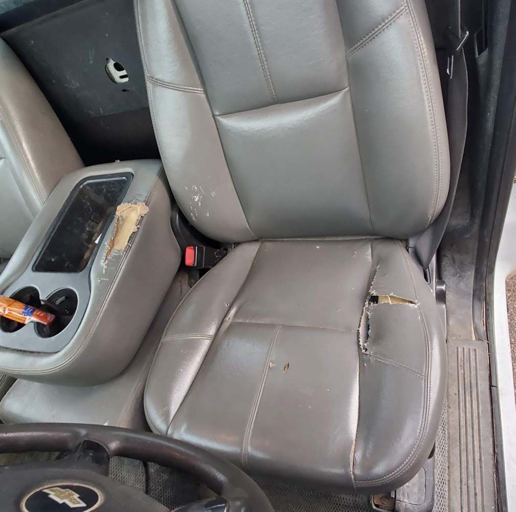 Gray leather car seat torn and worn, with a damaged center console and steering wheel visible.