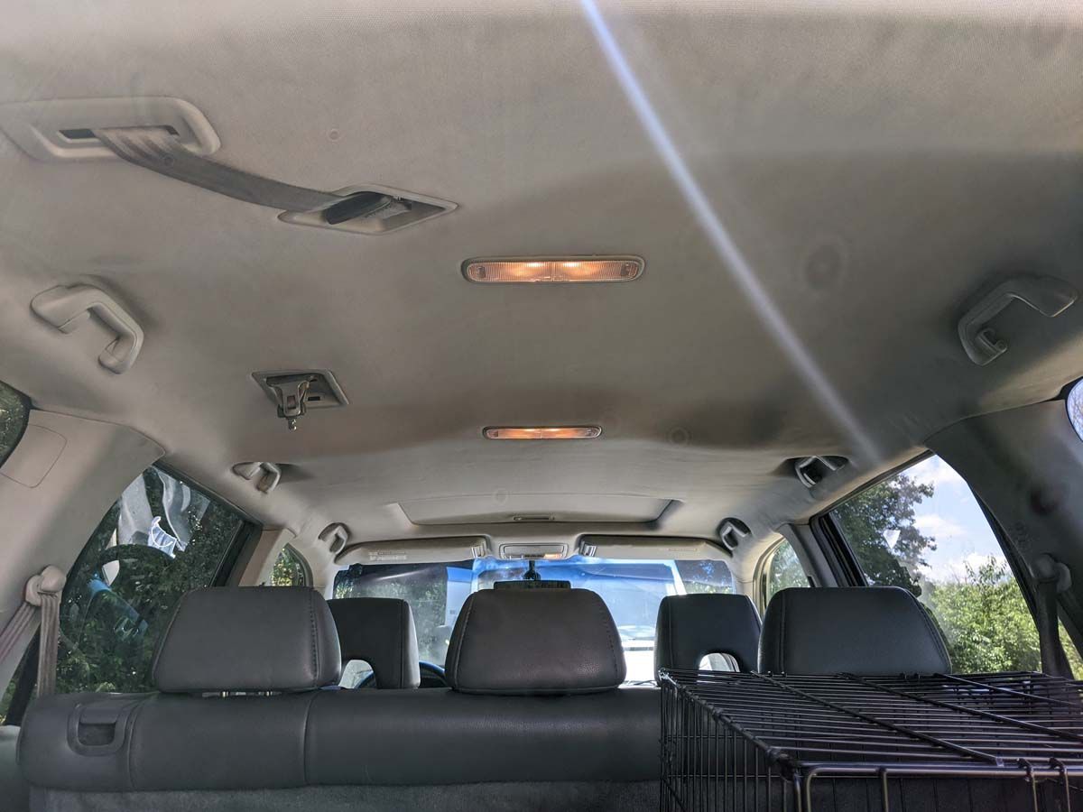 Interior car view, showing the headliner with lights and rear seats. A dog cage is visible in the back.