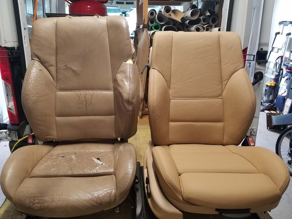 Comparison of old and newly reupholstered tan car seats. The old seat is worn and damaged. The new seat is smooth.