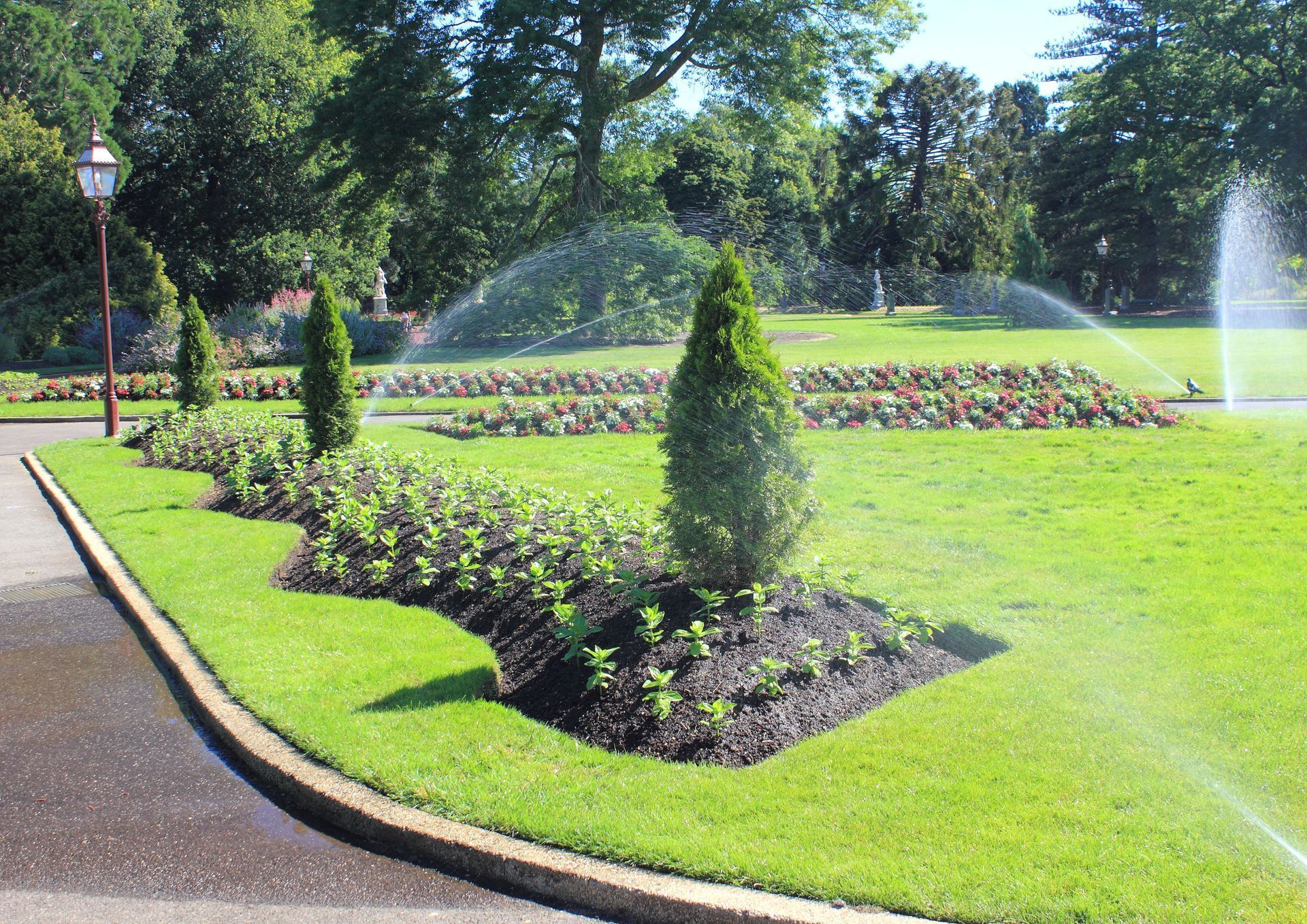 Green lawn with flowerbeds, evergreen trees, and sprinklers in a sunny park.