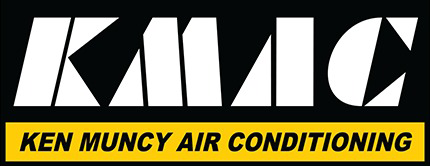 Logo for Ken Muncy Air Conditioning: White letters "KMC" on black background, yellow bar with text.