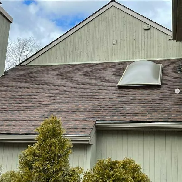 Brown shingled roof with a skylight, attached to a light green building.