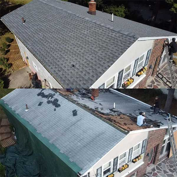 Top half: gray shingled roof. Bottom half: roof in progress with exposed areas. Men working on roof.