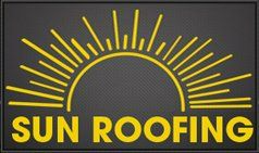 Yellow sunburst logo with "SUN ROOFING" text on a dark, textured background.