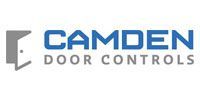 The logo for camden door controls is blue and gray.