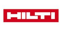 A red and white logo for a company called hilti.