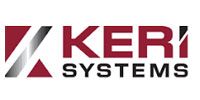 A red and white logo for keri systems.