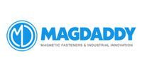 The magdaddy logo is blue and white and says magnetic fasteners and industrial innovation.