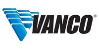 A vanco logo with a blue triangle on a white background.