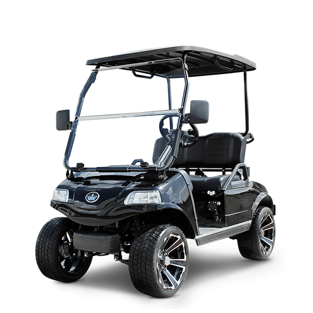 A black golf cart with a canopy on a white background.