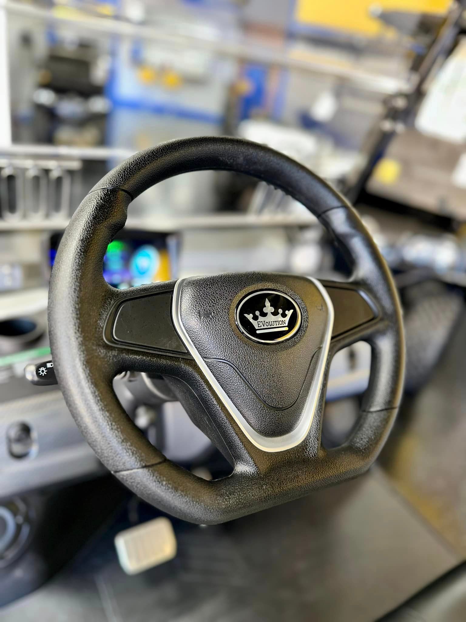 A close up of a car steering wheel with a crown on it.