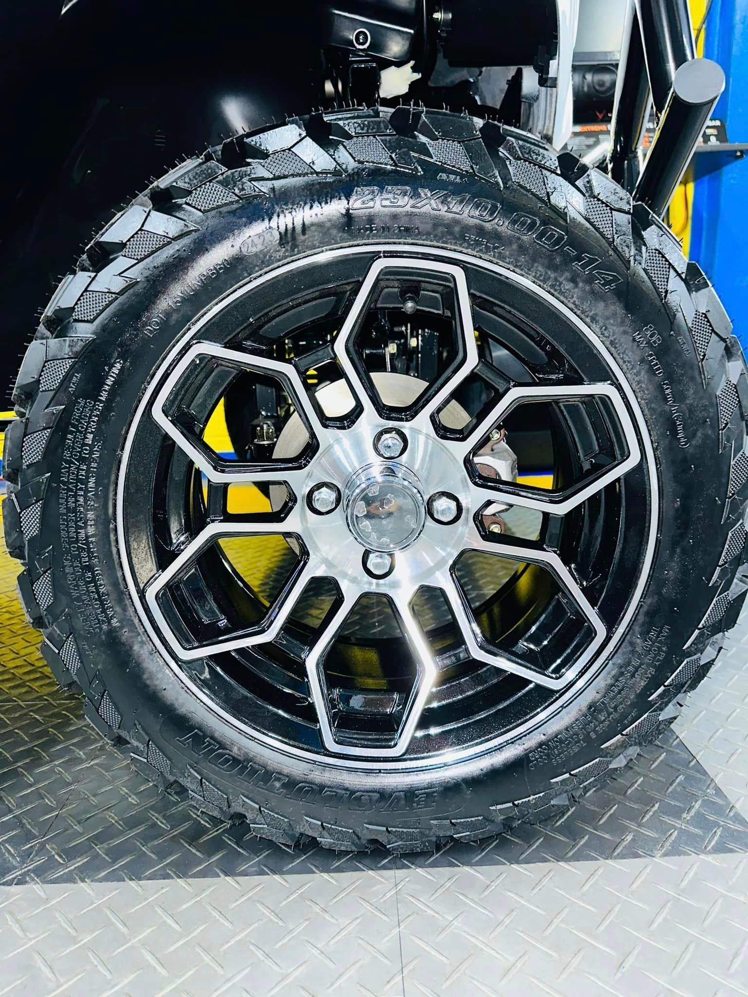 A close up of a wheel and tire on a vehicle.