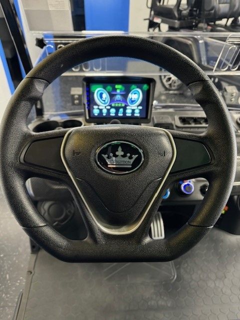 Black steering wheel with a crown emblem, digital display screen in a golf cart.