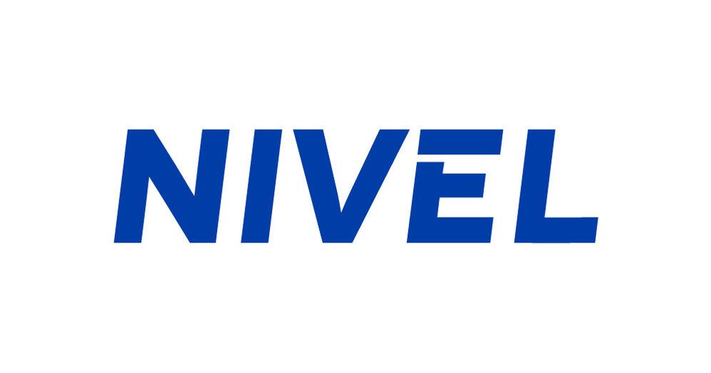 A blue and white logo for nivel on a white background.
