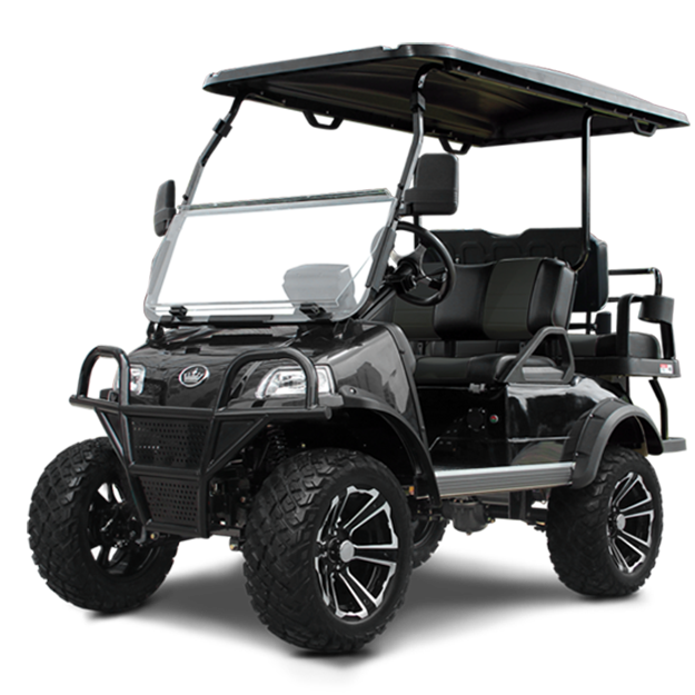 A black golf cart with a roof on a white background.
