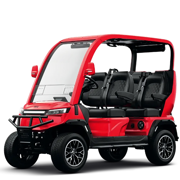 A blue golf cart with four seats and a canopy on a white background.