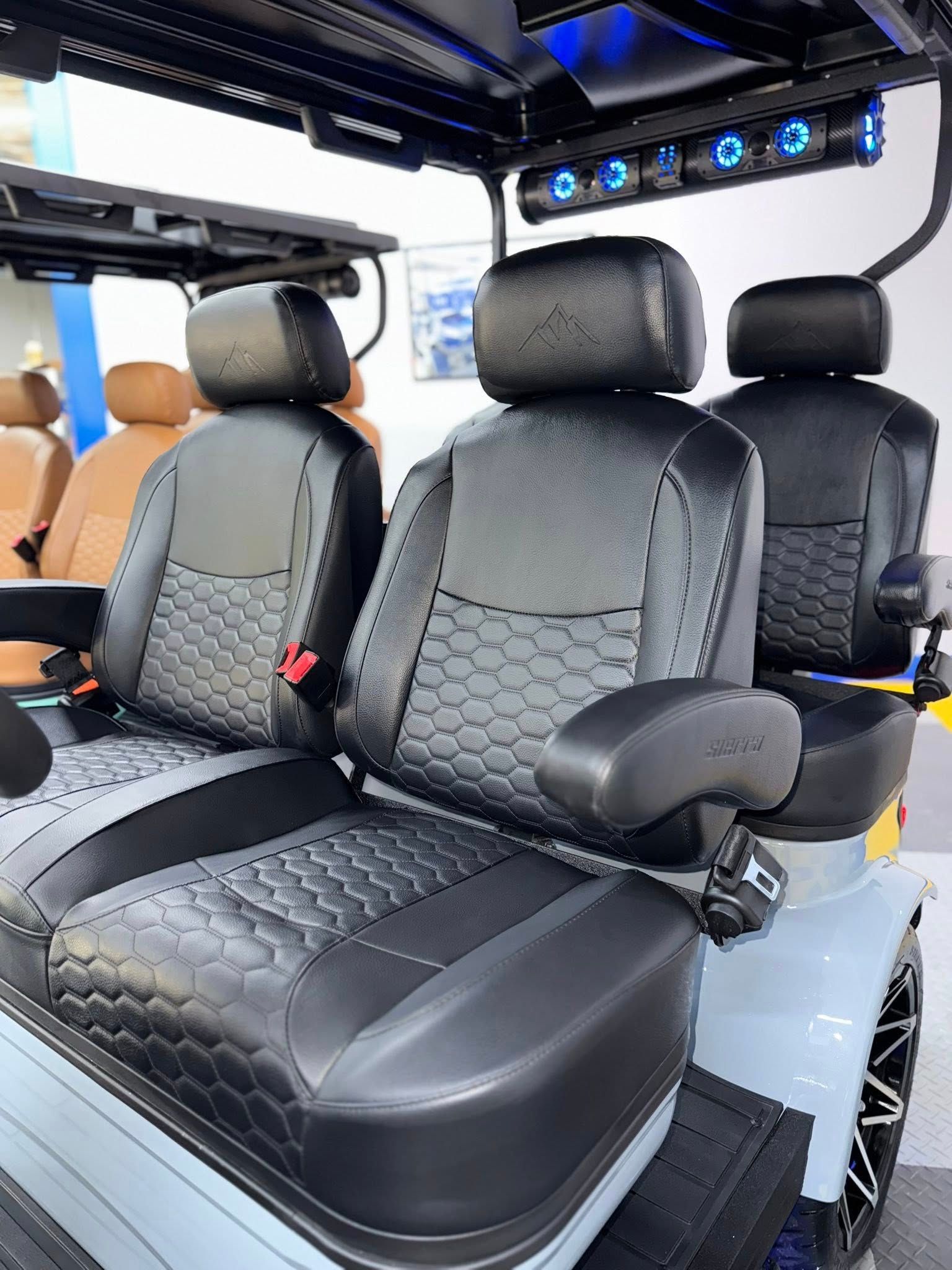 Luxurious black golf cart seats with armrests.