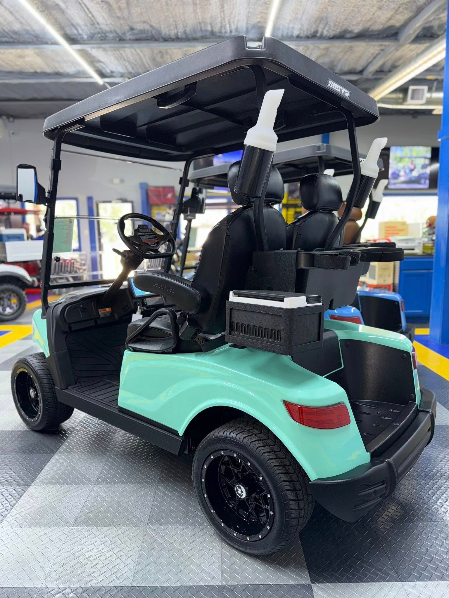 Aqua-green golf cart with black roof, tires, and seats, parked inside a garage.