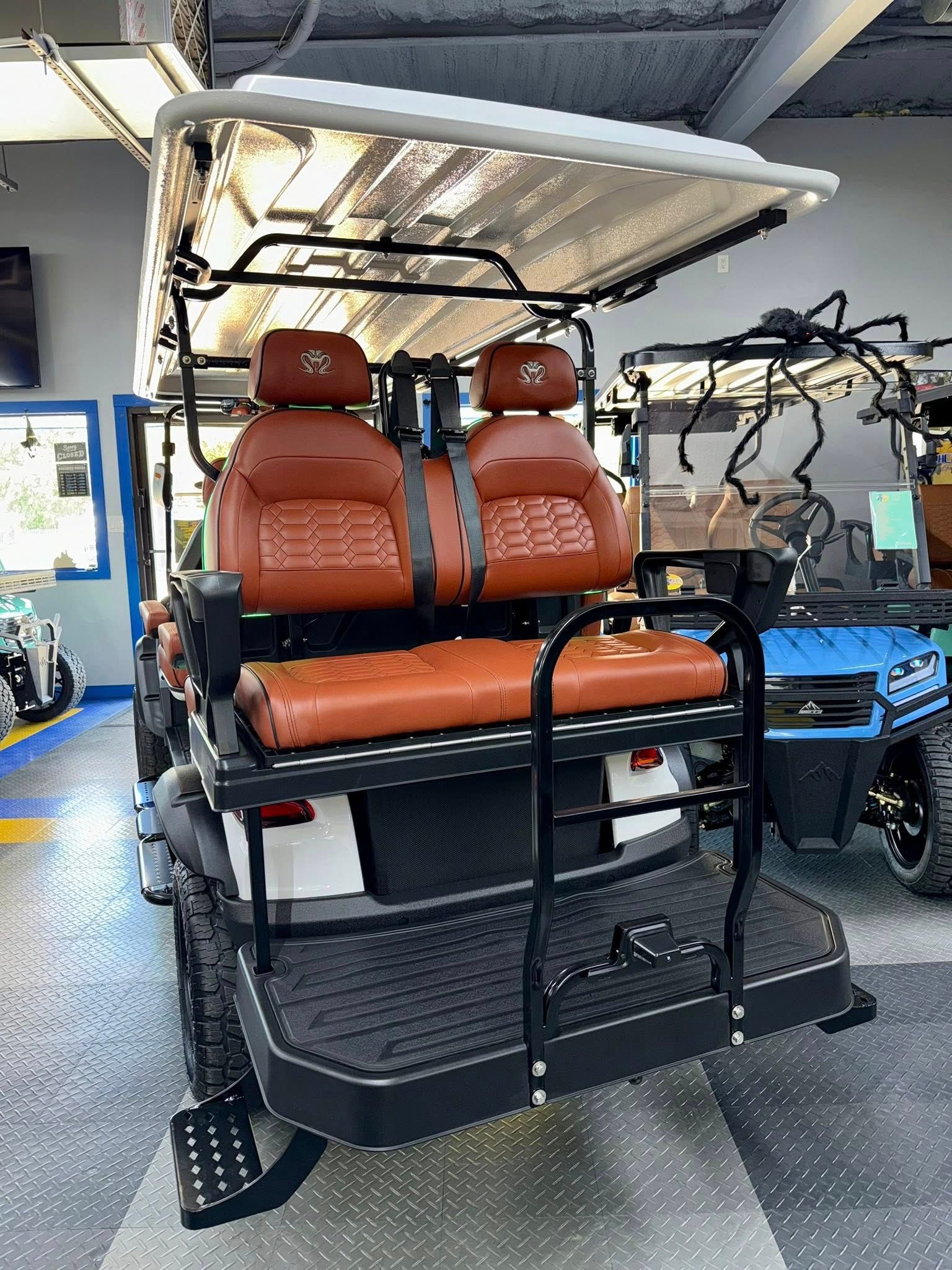 Brown leather golf cart seats, white roof, black frame, and black rear platform.
