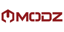A red and white logo for a company called modz.
