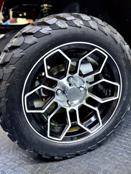 A close up of a wheel and tire on a vehicle